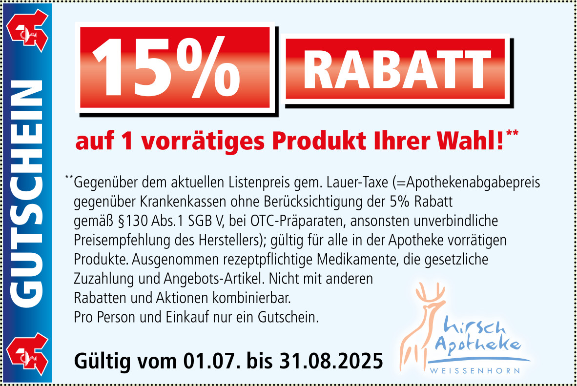 Hirsch-Apotheke-Weissenhorn-Gutschein Juli-August 2025